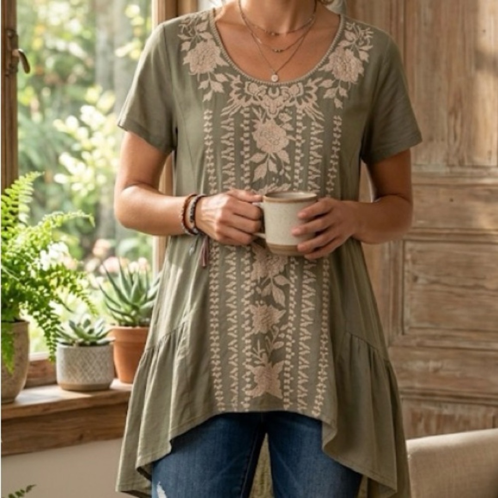 Johnny Was Olive Green High Low Embroidered Tunic Top Medium from Limited Jade